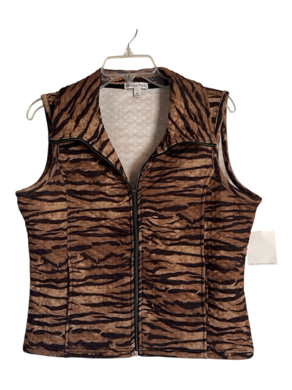 Kate Park Tiger Stripe Print Full-Zip Sleeveless Quilted Vest Women’s Size PS